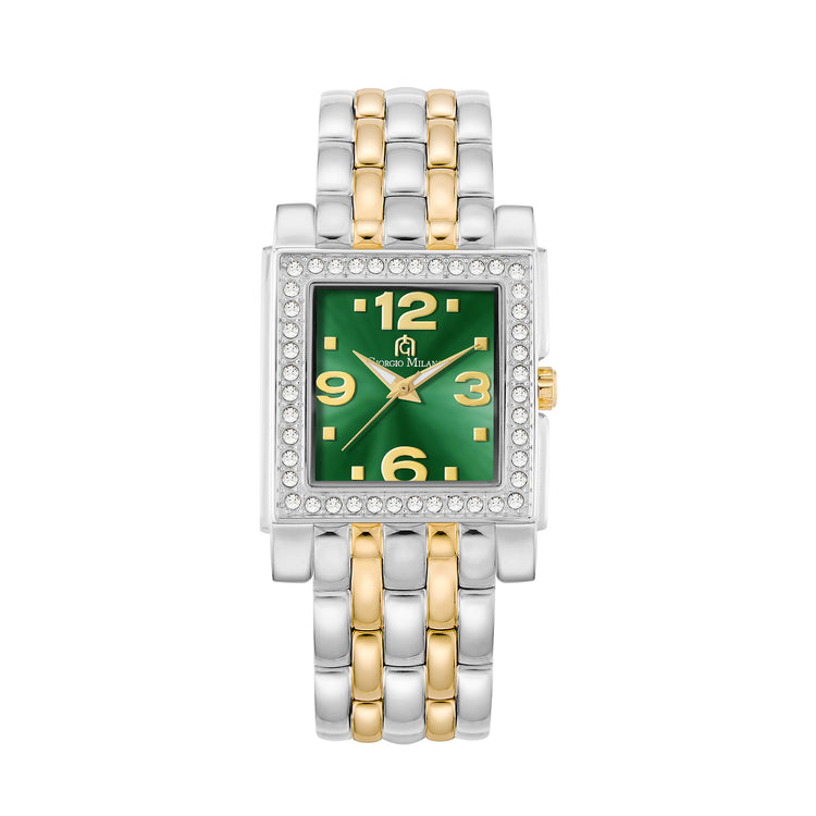 Two-tone square watch with a green dial and crystals on a white background