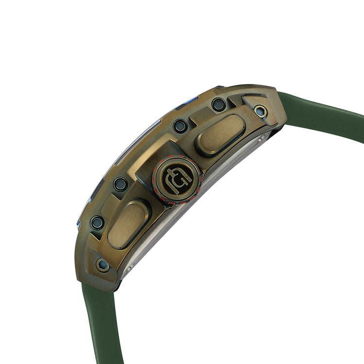 Close-up of a watch with a green strap and metallic green casing