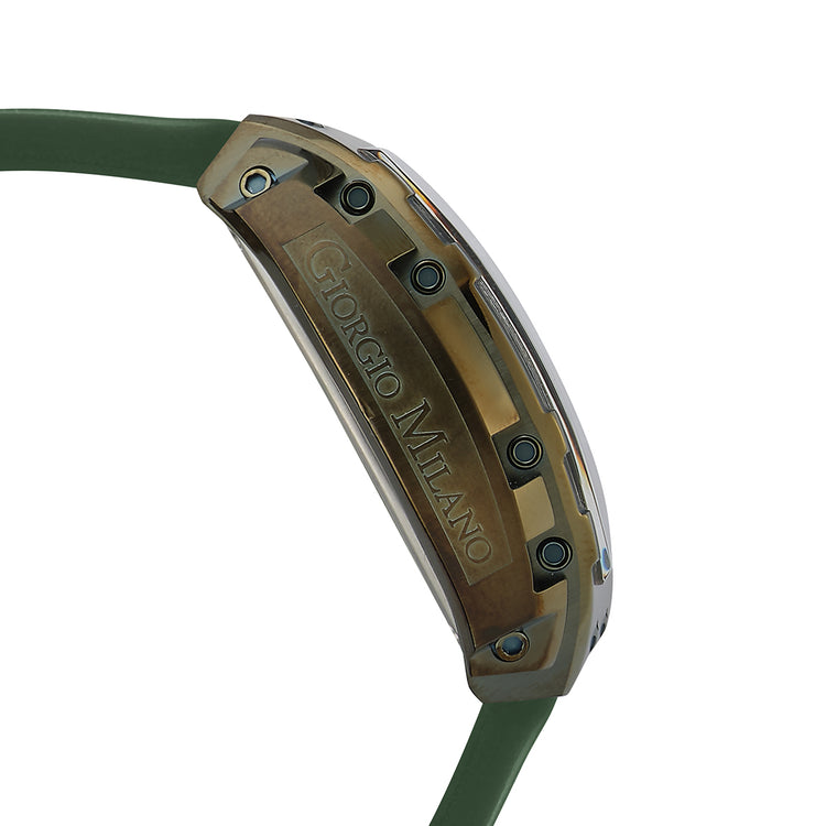 Close-up of the 233SGR325 green watch with 'Giorgio Milano' branding