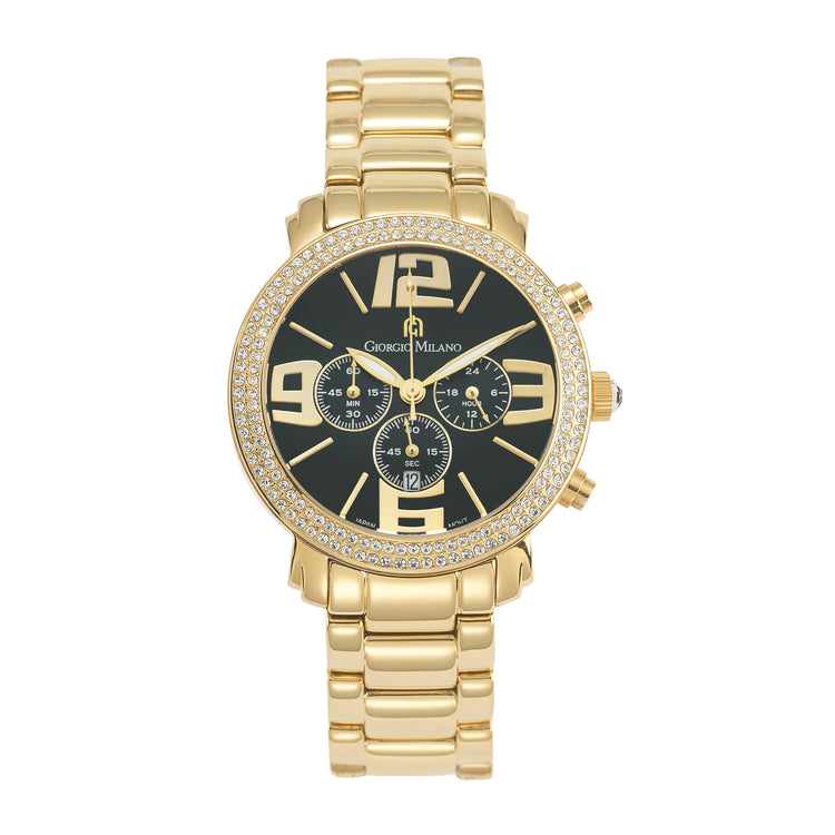 Gold stainless steel watch with a black dial and diamond accents on the case