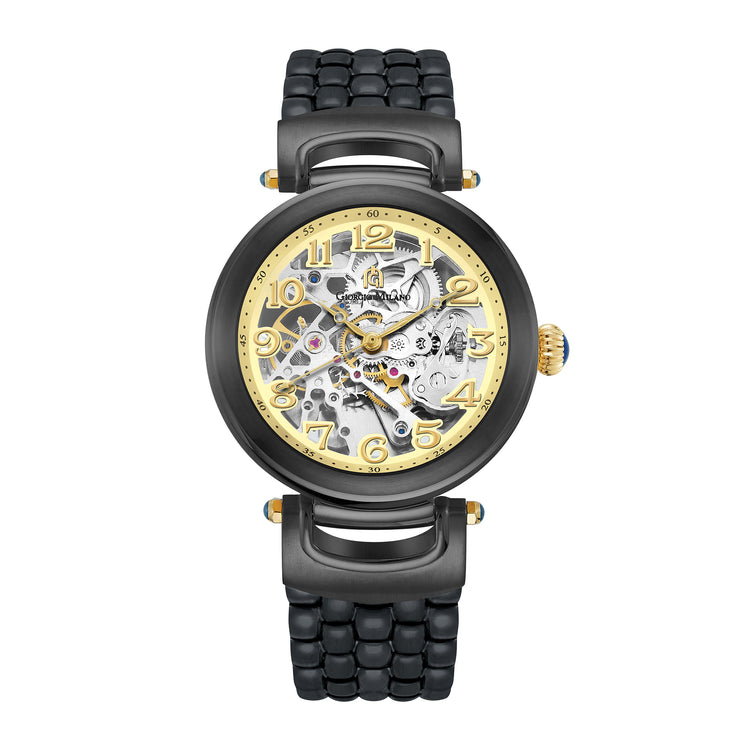 GILDO 226 Metal men's Skeleton Watch black plated front view