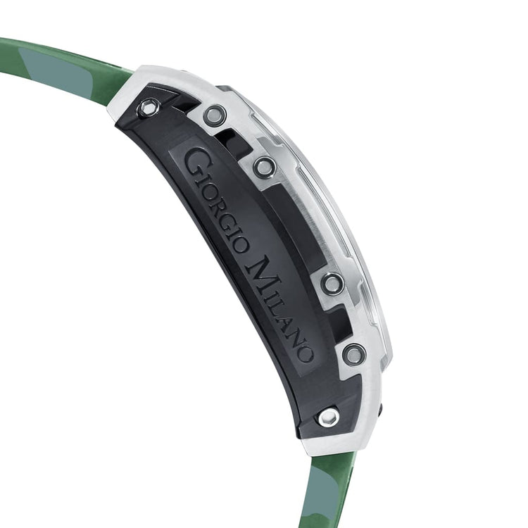 MAESTRO-233 silver case logo side view green camo strap
