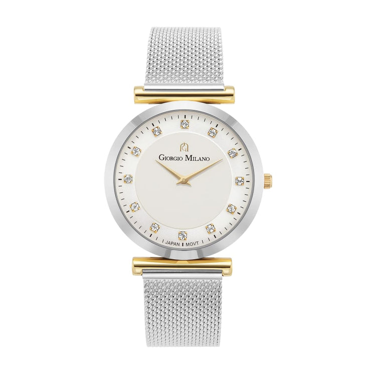 CAMILLA - 212 Women’s Watch (Two Tone) silver case and mesh bracelet w gold accents simple elegant round face w 12 crystals