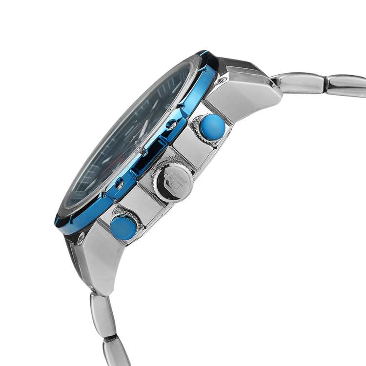 DANILO-206 silver watch body and band side detail crown button blue cabochons