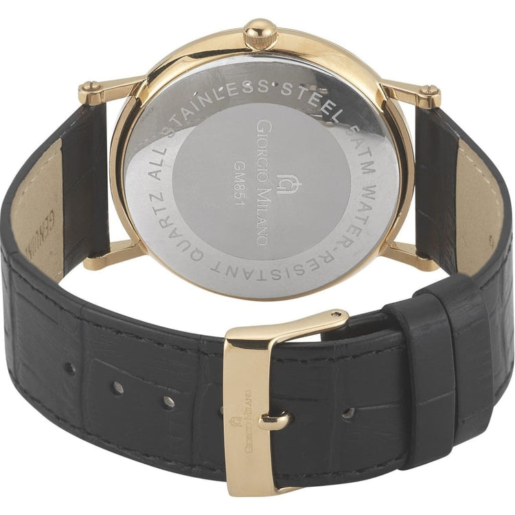 ESPIRITO - 856 rear view ss case gold imprint black leather band gold buckle