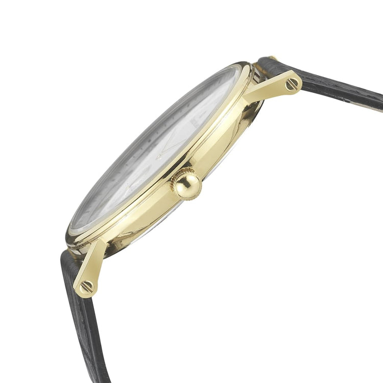 ESPIRITO gold slim case mans watch side view crown button detail