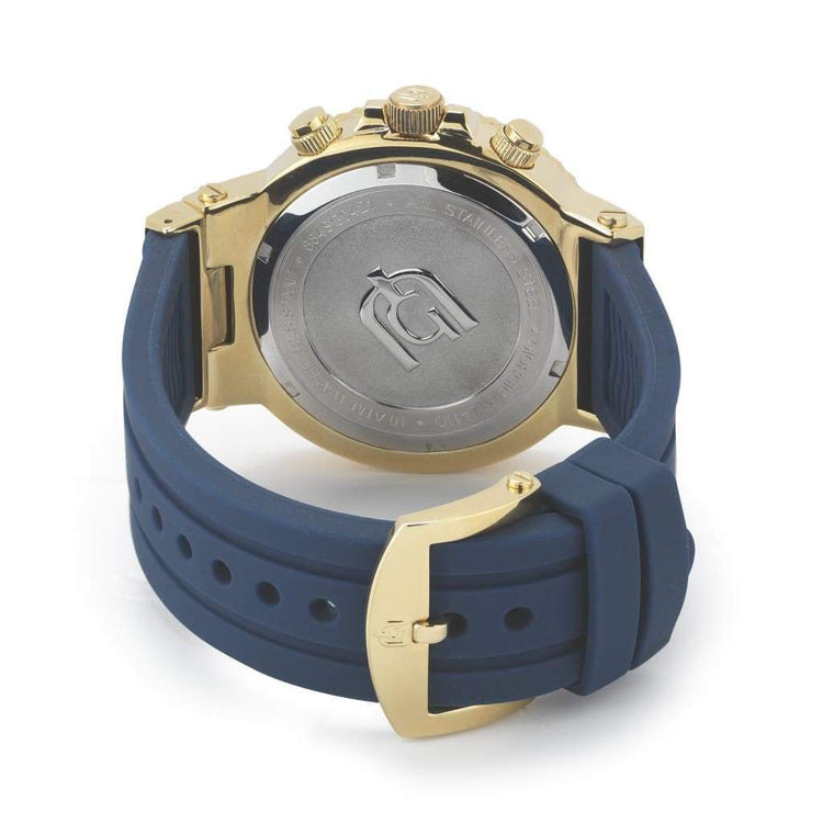 LEONARDO-884 rear view ss case imprint blue silicon strap gold safety buckle