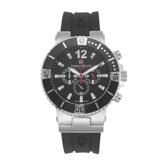 LEONARDO-884 (Silver/Black/Black) silver mens watch body and accents black chronograph dial custom silicon band