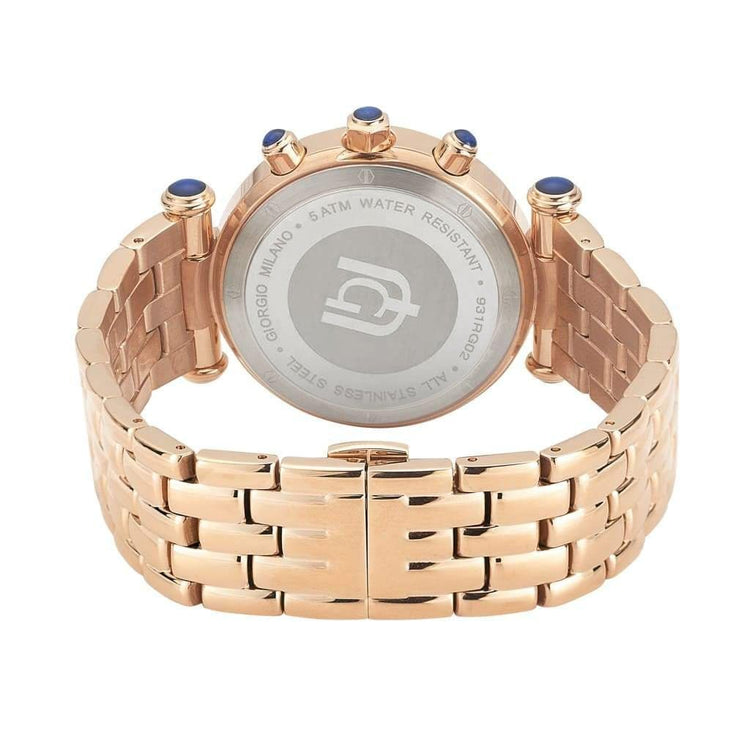 LUCIA-931 rear case view w imprint rose gold link bracelet safety closure