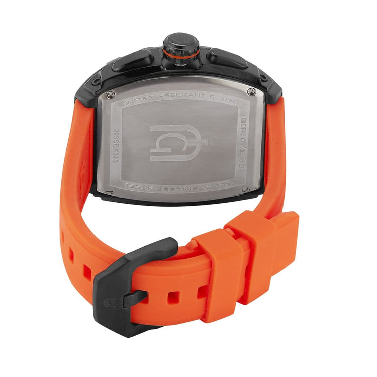 MAESTRO-233 rear case view ss imprint orange silicon band black safety buckle