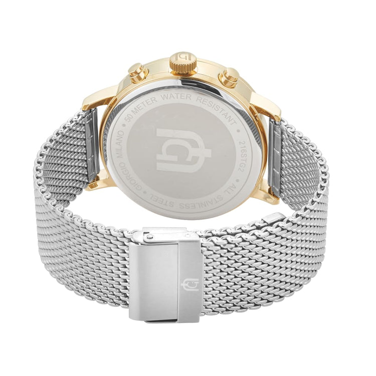 NOE - 216 rear view ss case imprint 2 tone gold body silver mesh band fold over clasp