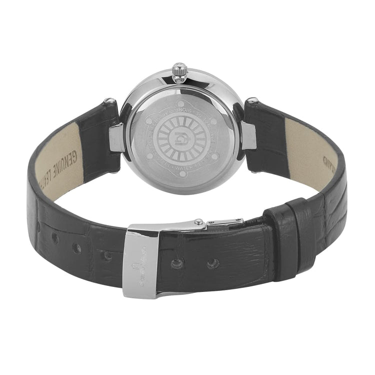 PALMIRA - 776 rear view ss case imprint silver watch body black leather strap