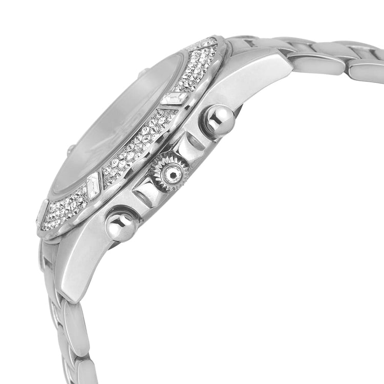 PAULINA-738 side view silver watch body, ridged crown button, triple row swarovski crystals