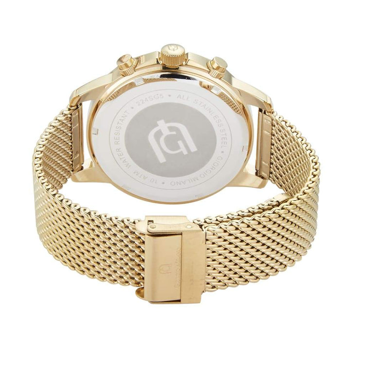 SANTE - 224 gold rear view ss case imprint gold mesh band fold over safety clasp