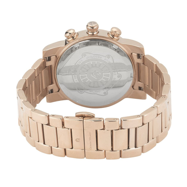 TALIA - 914 rear view rose gold ss case imprint women's chronograph link bracelet double closure