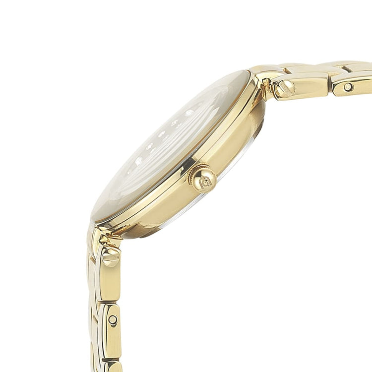 ZINA - 732 gold slim line side view womans watch crown button detail