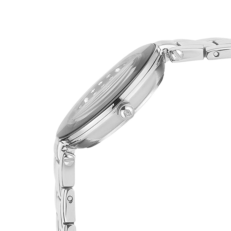 ZINA - 732 side view silver slim line watch case crown button detail