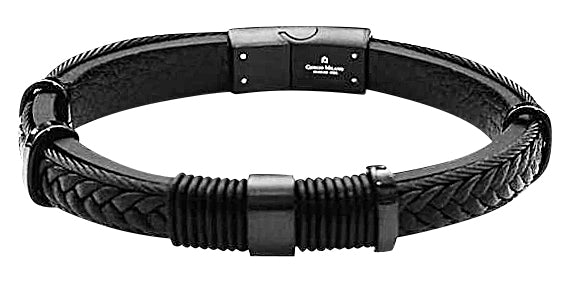 Black men's leather bracelet with braided design, featuring a secure sliding magnetic clasp.