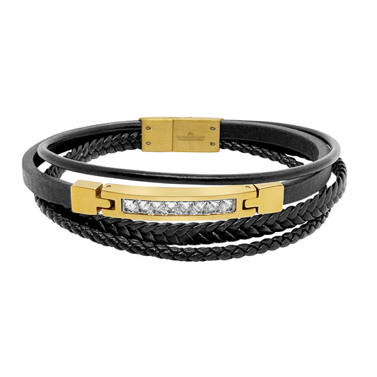 Black 4 strands braided leather bracelet with gold stainless steel clasp on a white background