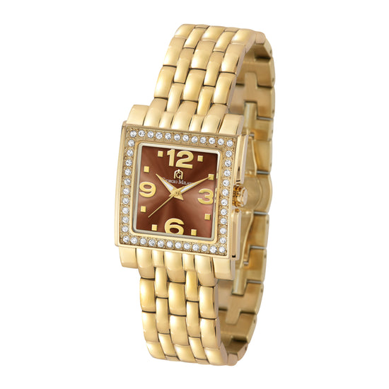 A gold-tone women's watch with a square bezel set with crystal-encrusted bezel, a brown dial with gold Arabic numerals, and a matching gold-tone link bracelet.