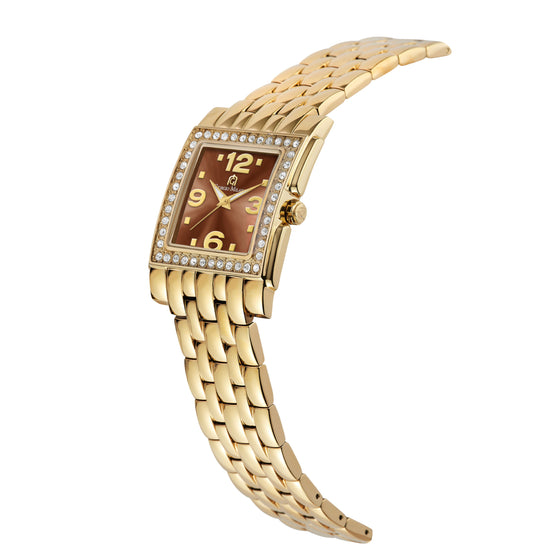 A gold-tone women's watch with a rectangular brown dial, crystal-encrusted bezel, and a matching gold-tone link bracelet, shown on a plain white background.