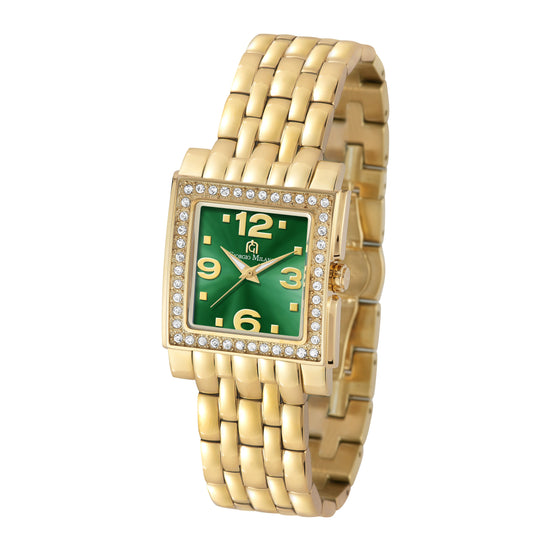 A gold-tone women's watch with a square green dial, crystal-studded bezel, and a matching gold-tone link bracelet, shown on a plain white background.