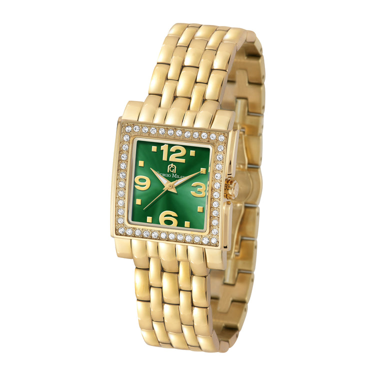 A gold-tone women's watch with a square green dial, crystal-studded bezel, and a matching gold-tone link bracelet, shown on a plain white background.