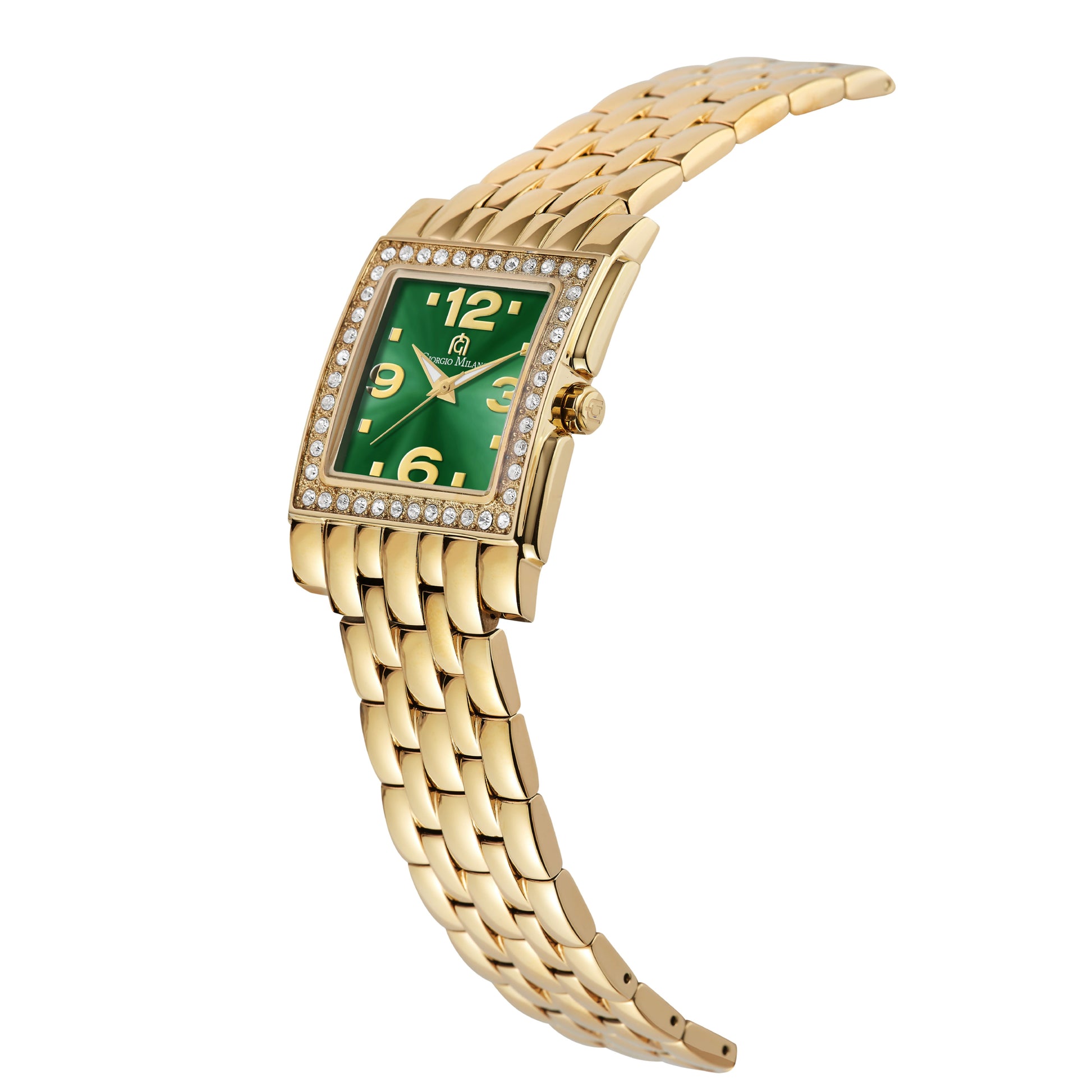 A Gold-Tone women's watch with a green dial, crystal-encrusted bezel, and a matching gold-tone link bracelet, shown on a plain white background.
