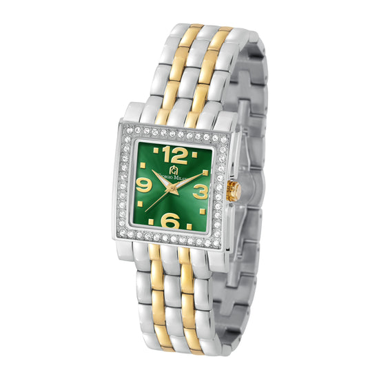 A women's two-tone stainless steel watch with a square green dial, crystal-encrusted bezel, and matching two-tone link bracelet.