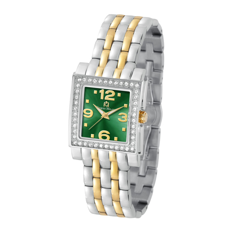 A women's two-tone stainless steel watch with a square green dial, crystal-encrusted bezel, and matching two-tone link bracelet.
