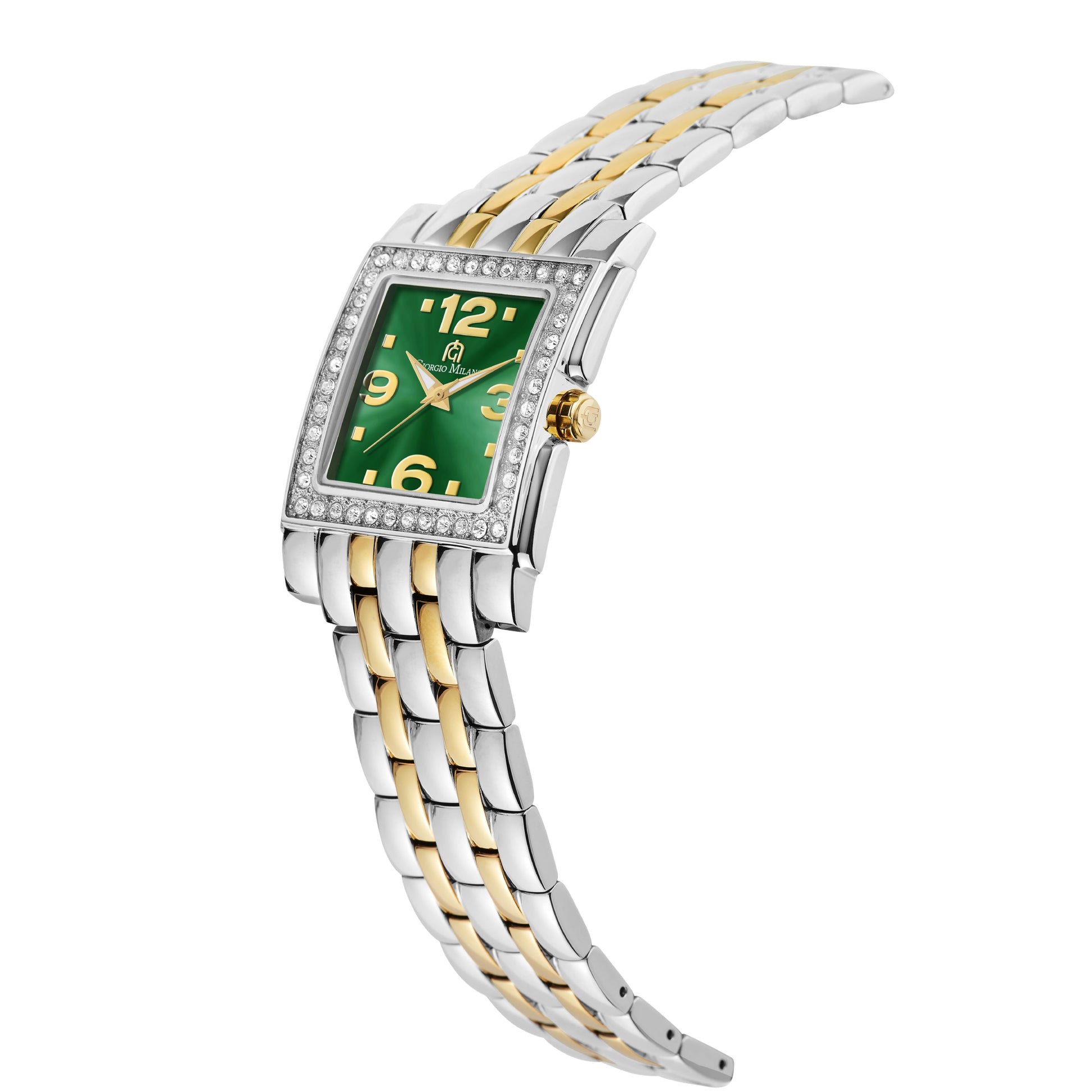 A luxury two-tone watch with a green dial, crystal-encrusted bezel, and a silver and gold link bracelet, shown on a plain white background.