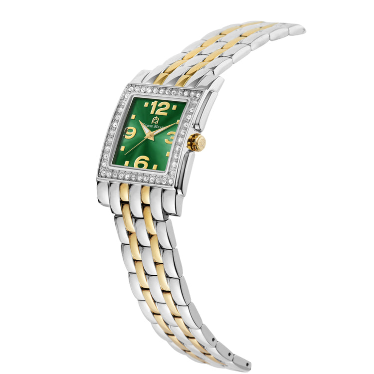 A luxury two-tone watch with a green dial, crystal-encrusted bezel, and a silver and gold link bracelet, shown on a plain white background.