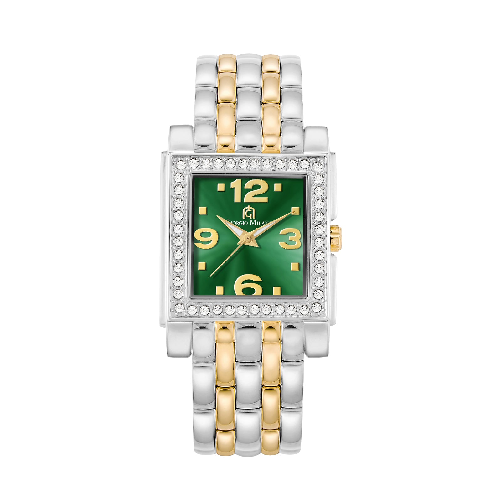Two-tone square watch with a green dial and crystals on a white background