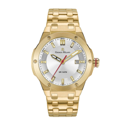 Giorgio Milano LUCIS 249SG02 men's gold stainless steel watch with silver dial, date display, and integrated bracelet, front angle view.