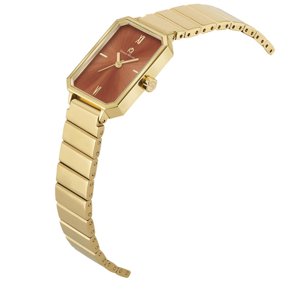 A gold-tone women's watch with a rectangular  brown dial and a matching gold-tone link bracelet, shown on a plain white background.
