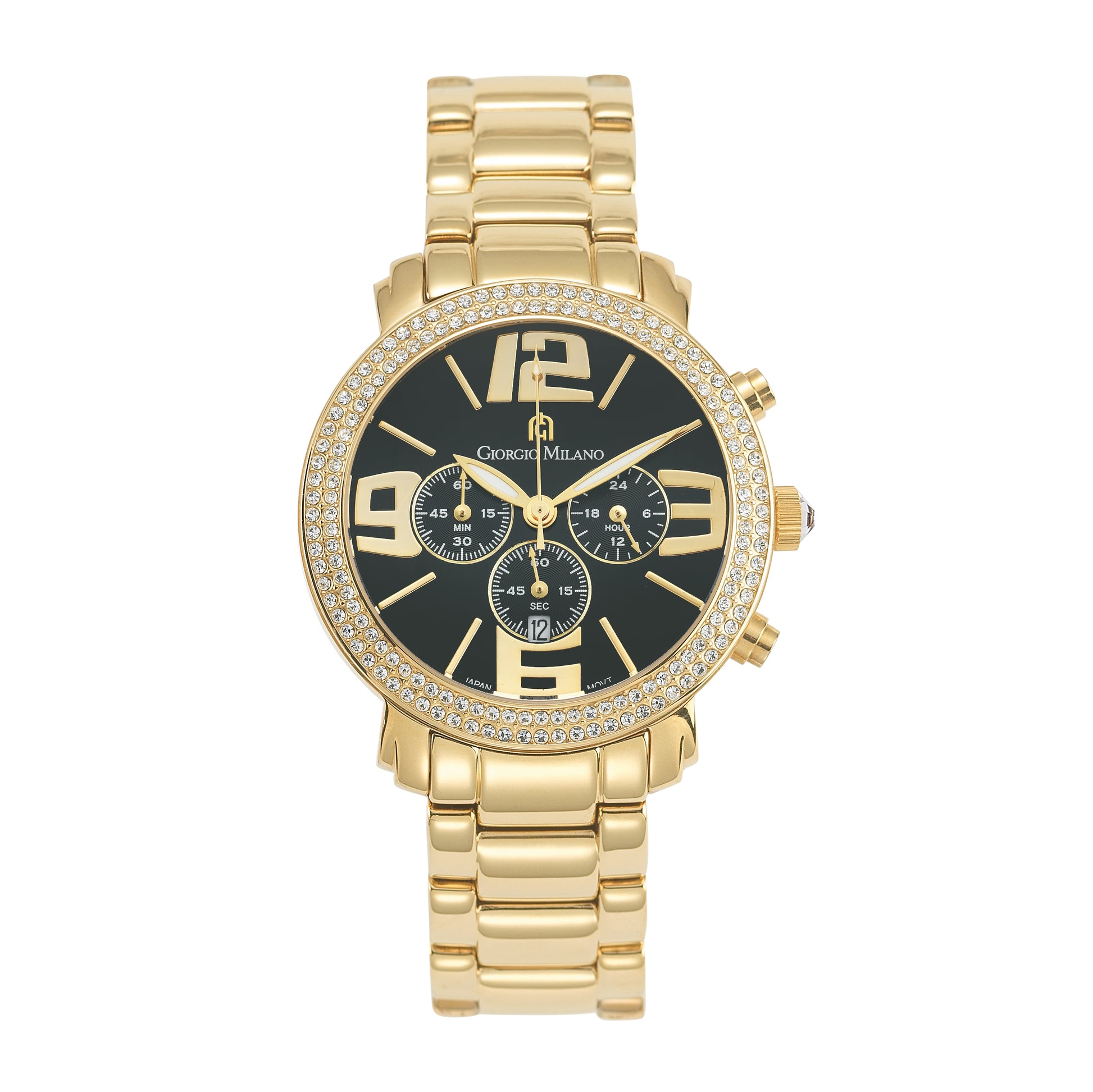 Gold stainless steel watch with a black dial and diamond accents on the case