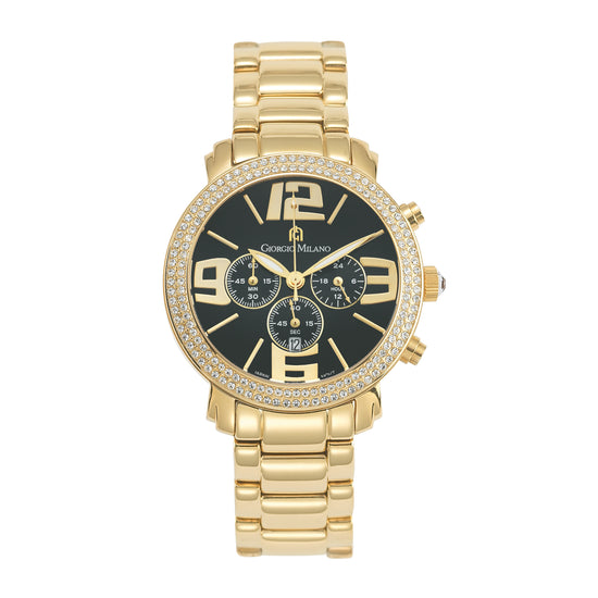 Gold stainless steel watch with a black dial and diamond accents on the case