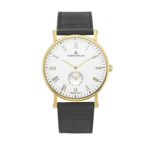 Giorgio Milano Espirito 856 men's gold-tone watch with white dial, Roman numerals, small seconds subdial, and black leather strap.