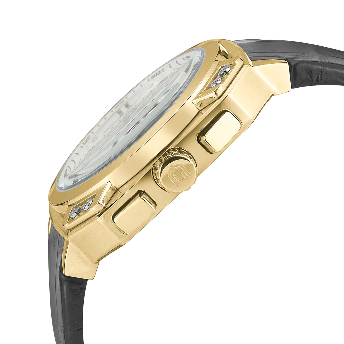 Gold watch with black leather strap on a white background
