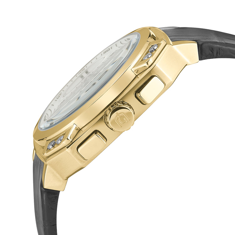 Gold watch with black leather strap on a white background