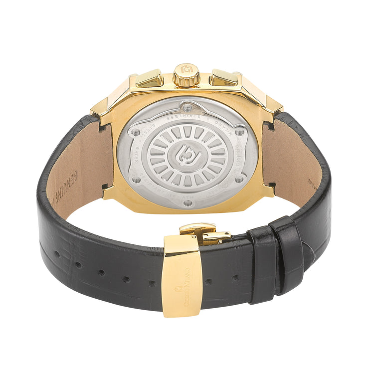The back view of a luxury watch featuring a gold-tone case, a black alligator leather strap, and a transparent crystal back cover, shown on a solid white background.