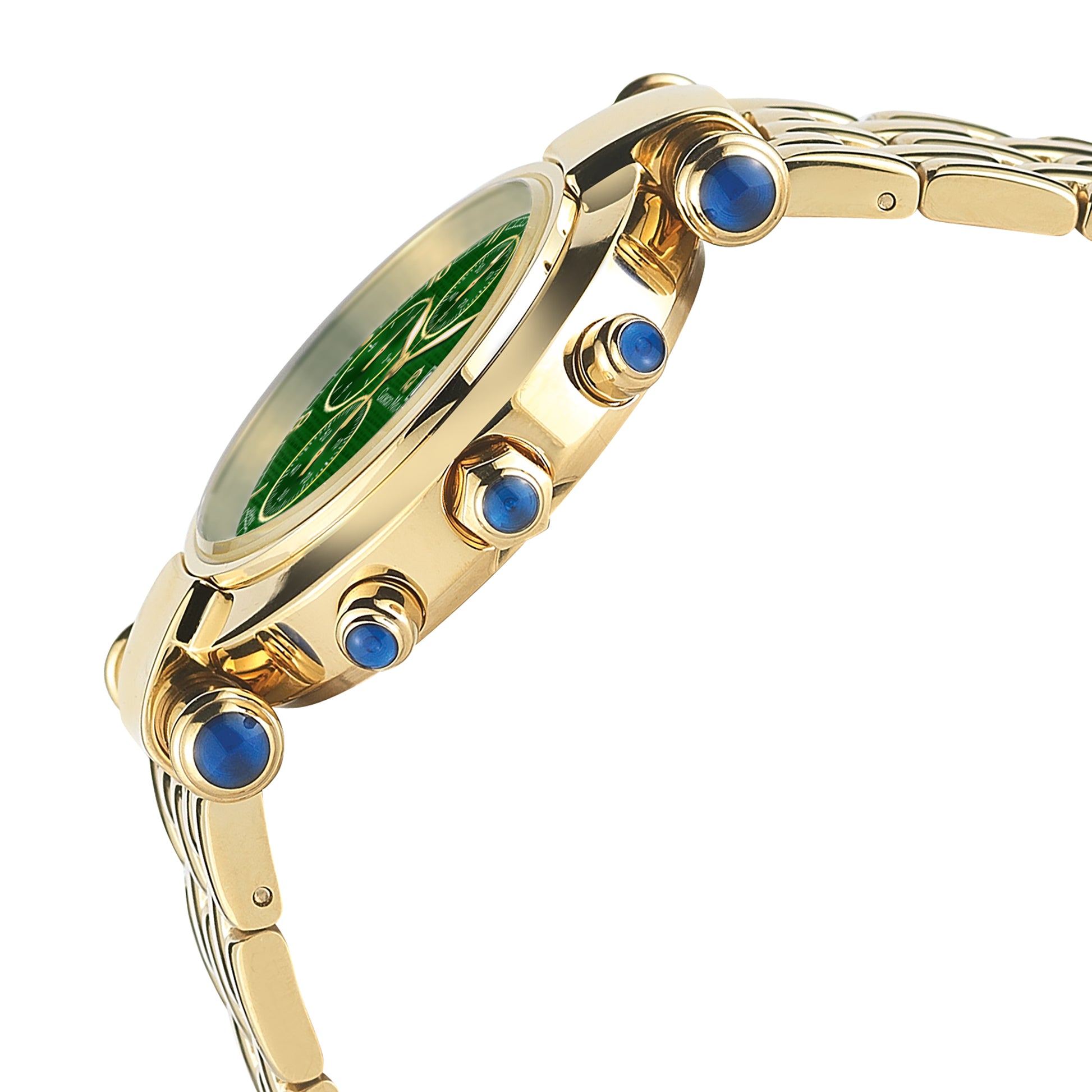 LUCIA-931 side view silver and green women's watch w blue cabochons crown button