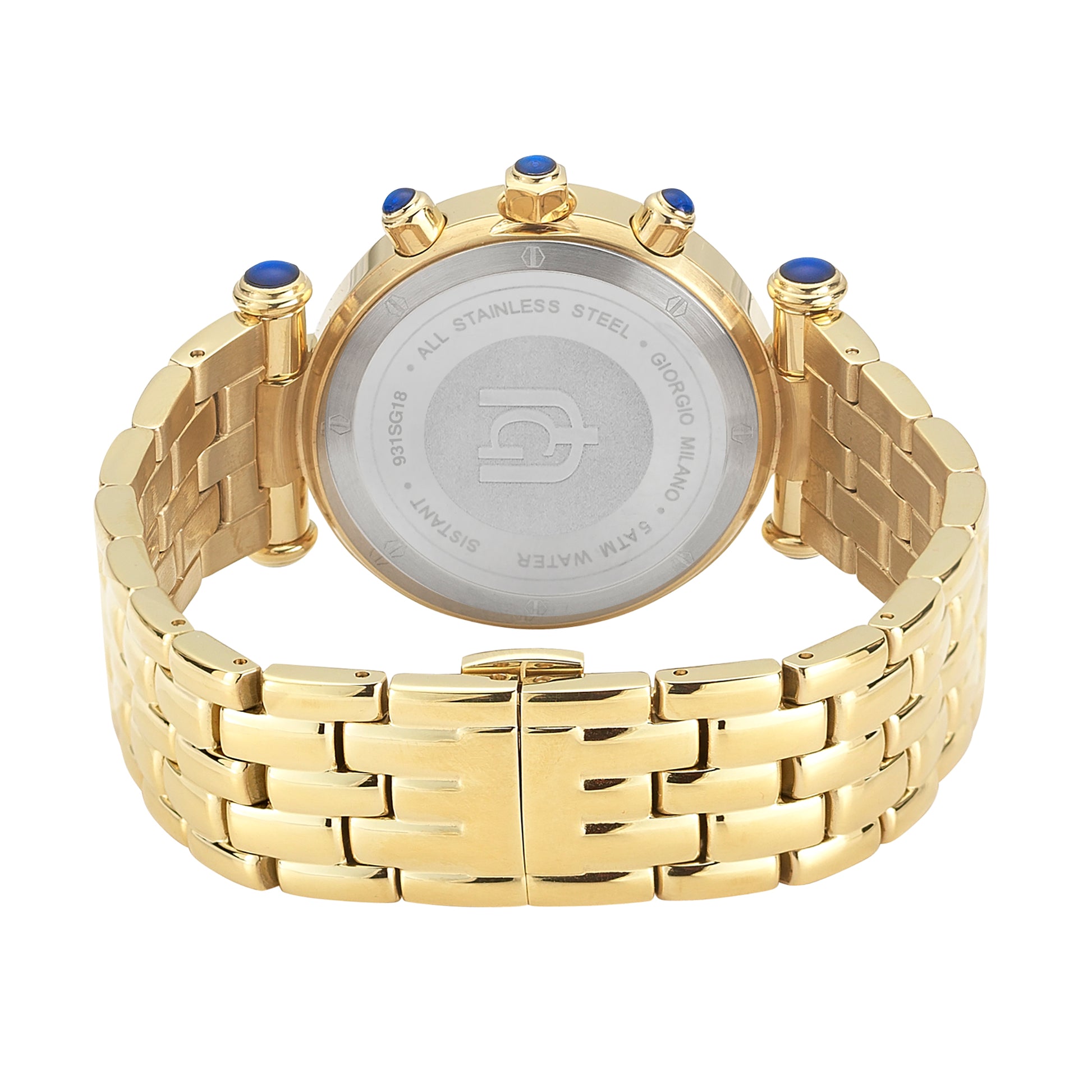 LUCIA-931 rear view gold green case womens gold watch link bracelet blue cabochons safety clasp