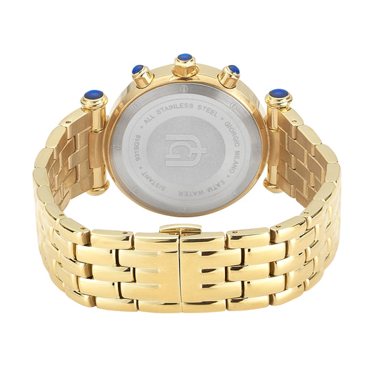 LUCIA-931 rear view gold green case womens gold watch link bracelet blue cabochons safety clasp