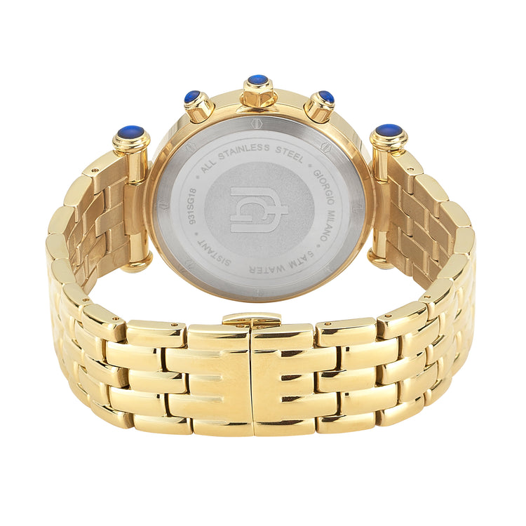 LUCIA-931 rear view gold green case womens gold watch link bracelet blue cabochons safety clasp