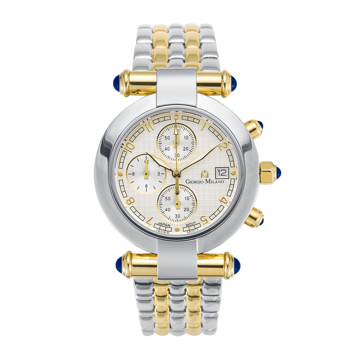 A luxury two-tone stainless steel and yellow gold chronograph watch by Giorgio Milano, featuring a silver and gold beaded bracelet with blue accent beads, a silver case, and a white dial with gold details.