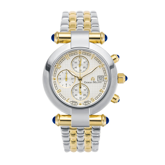A luxury two-tone stainless steel and yellow gold chronograph watch by Giorgio Milano, featuring a silver and gold beaded bracelet with blue accent beads, a silver case, and a white dial with gold details.