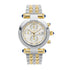A luxury two-tone stainless steel and yellow gold chronograph watch by Giorgio Milano, featuring a silver and gold beaded bracelet with blue accent beads, a silver case, and a white dial with gold details.