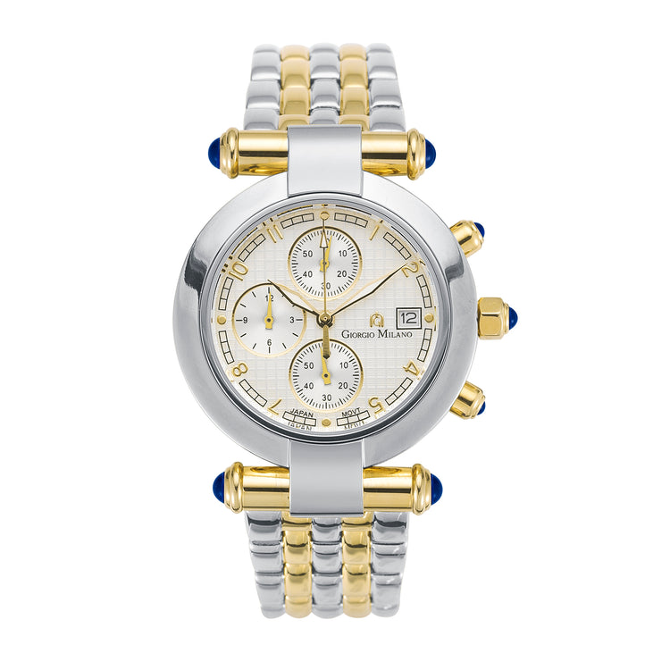 A luxury two-tone stainless steel and yellow gold chronograph watch by Giorgio Milano, featuring a silver and gold beaded bracelet with blue accent beads, a silver case, and a white dial with gold details.