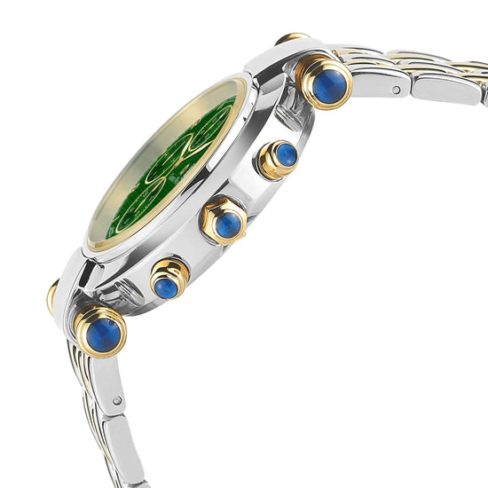 LUCIA-931 side view (Two Tone/Green) women's watch w blue cabochons crown button